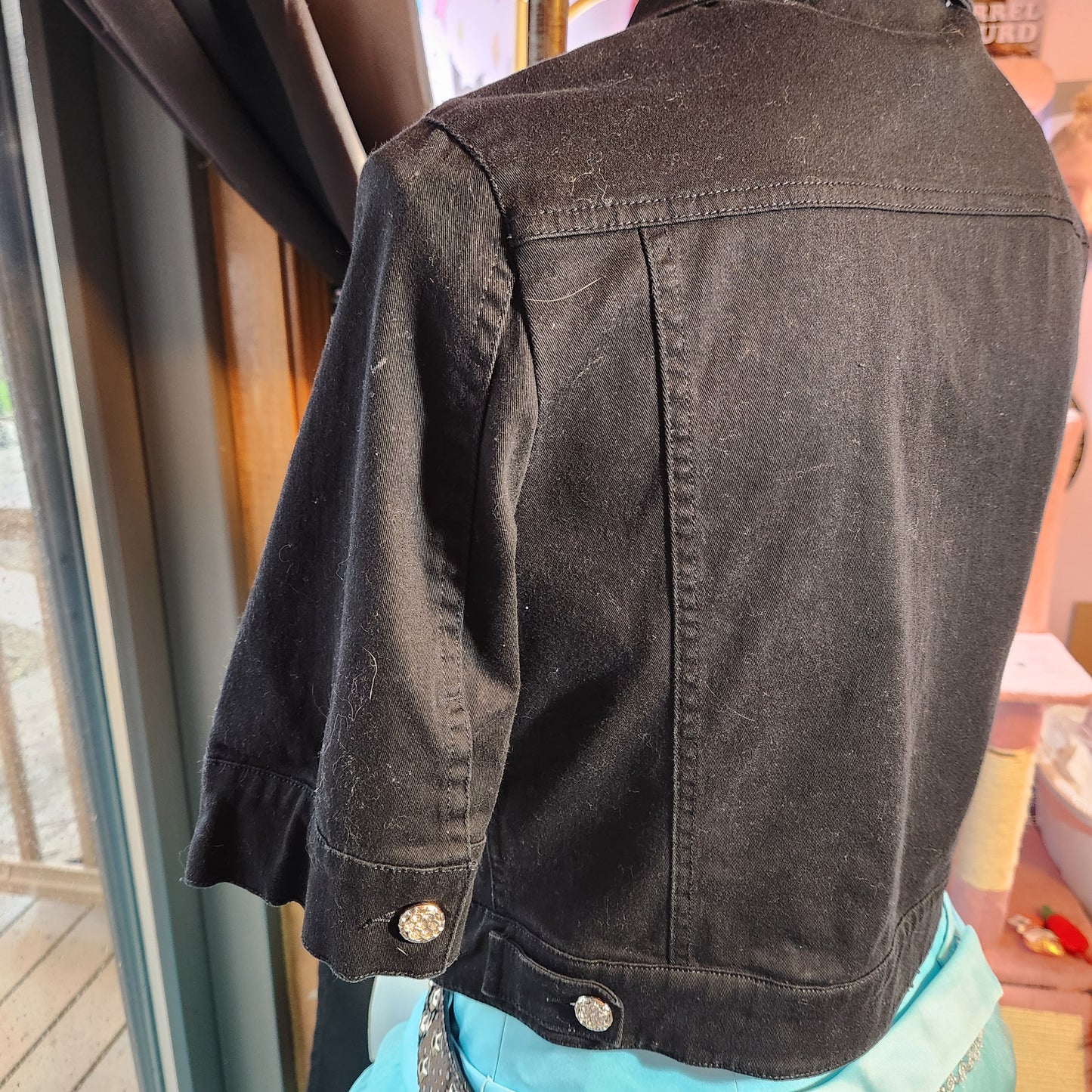 Black Denim Crop Jacket with Silver Buttons