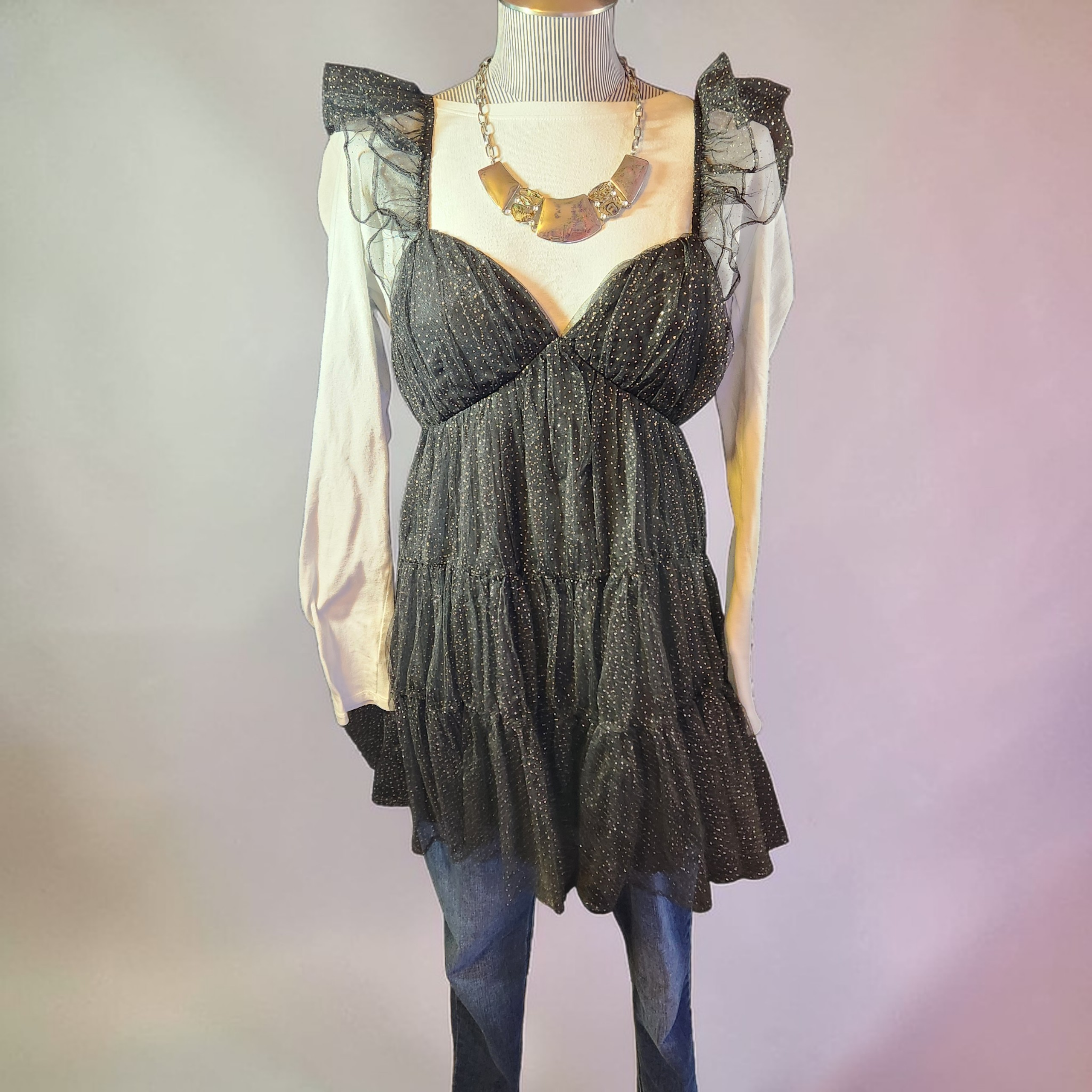2000's Black Tulle with Gold Pokadot Ruffled Sundresss