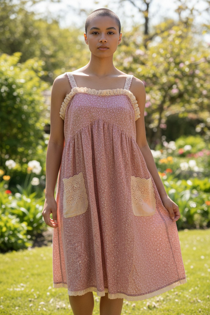 Purple/White Flowered Dress/Smock with Lace Pockets